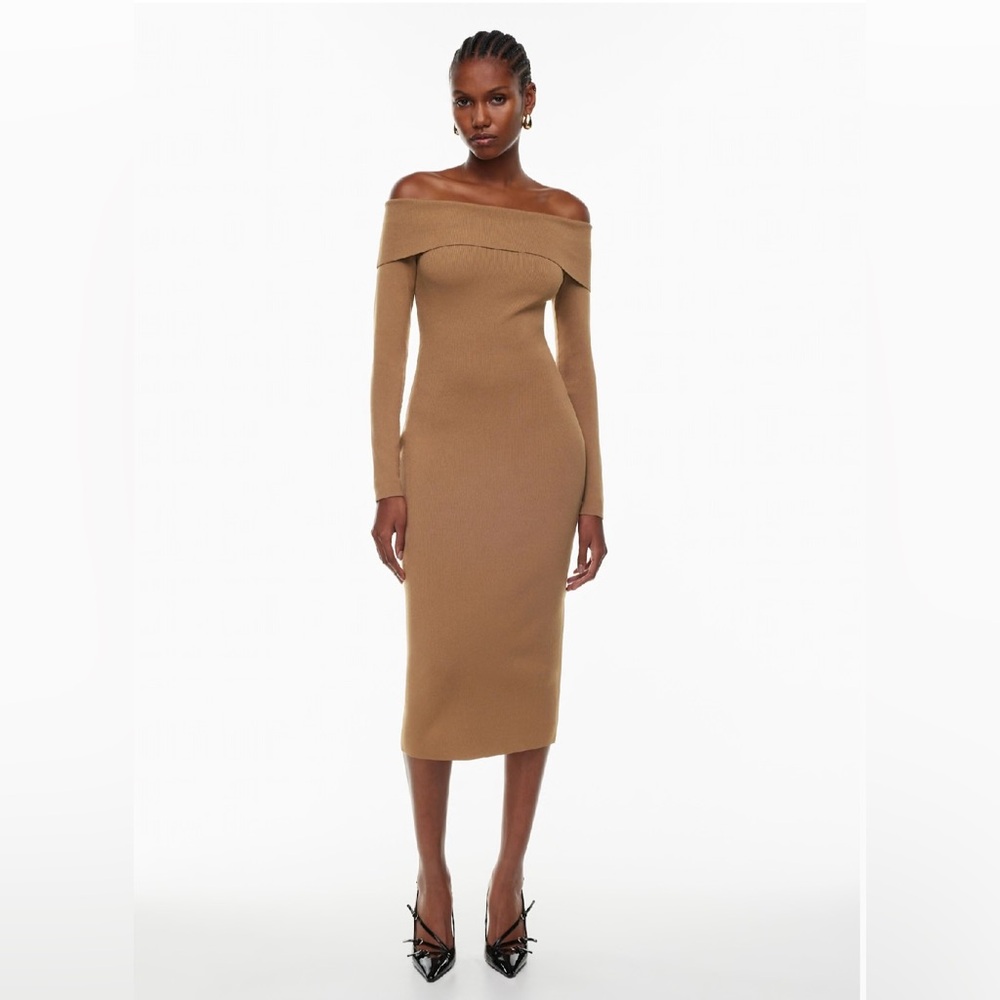 Babaton Tan Ribbed Off-Shoulder Bodycon Dress - Like New Condition